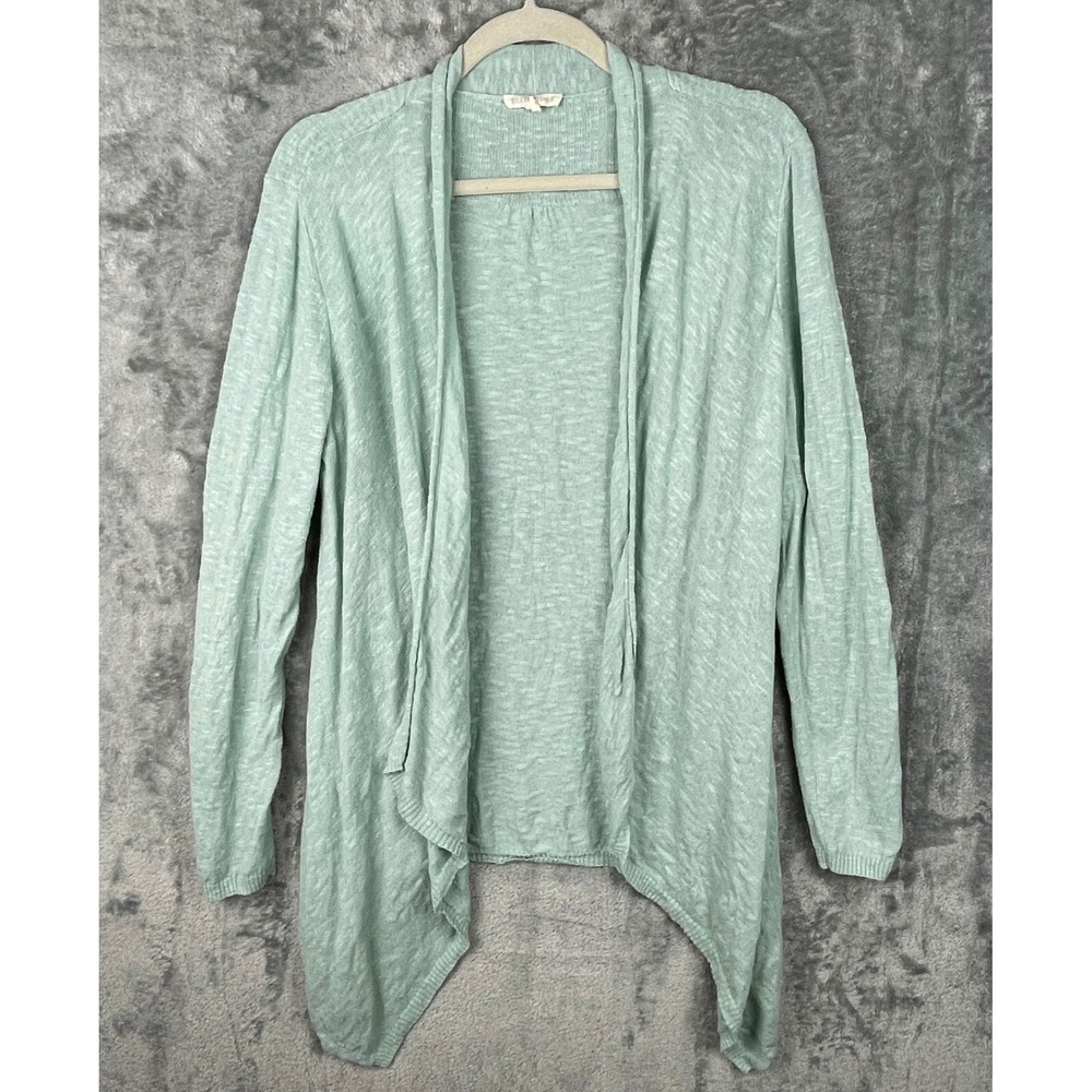 Eileen Fisher Open Front Cardigan Womens Medium Green Linen Cotton Blend Sweater